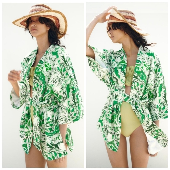 New Zara Printed Linen Blend Belted Green/White Short Kimono Open Front Jacket - Picture 4 of 15
